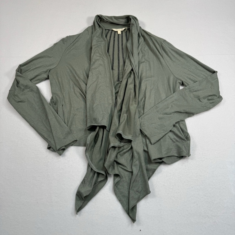 Babakul Long Sleeve Open Front Cardigan Womens Size Large Green Metallic Pockets